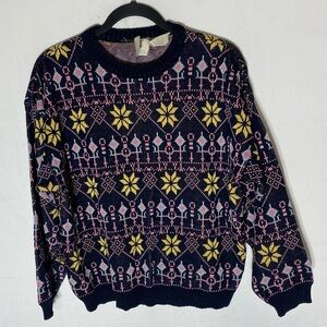 Vintage Ego Fashions Blue Pink Yellow Geometric Knit Crew Neck Sweater M